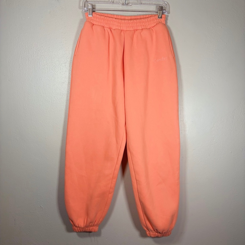 Comfrt Kids Sweatpants Peach Coral Elastic Waist Joggers Logo Fleece Pants